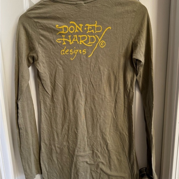 Ed Hardy By Christian Audigier Y2K Long Sleeve Shirt M Green Grunge Streetwear - Picture 2 of 7